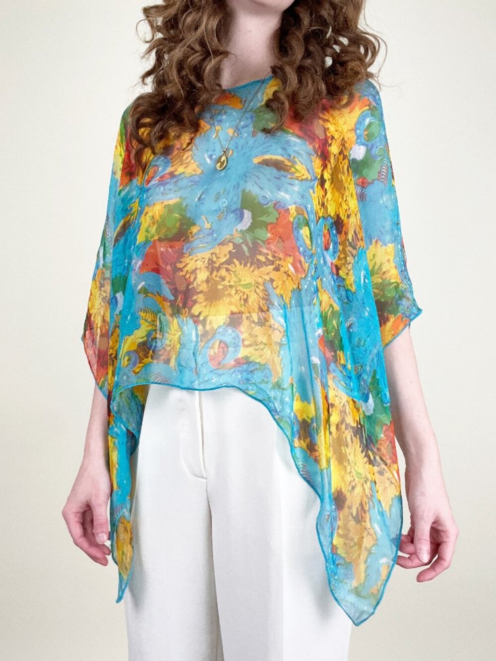 Vintage Y2K 90s Sheer Abstract Floral Print Poncho Top Boho Flowy Whimsical 00's